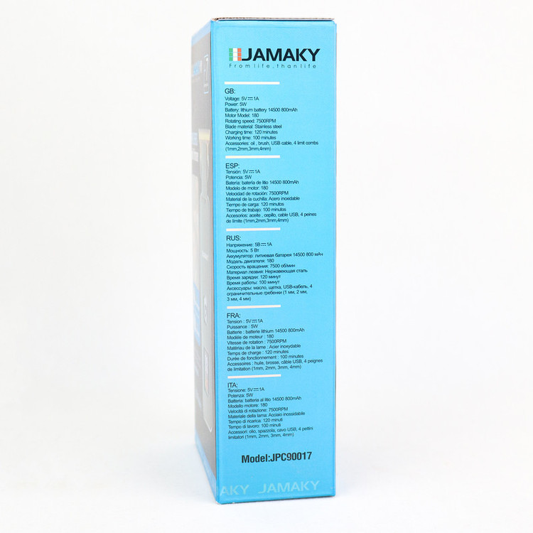 ماشین اصلاح موی سر و صورت شارژی جاماکی مدل JPC90017 با موتور 7500 دور در دقیقه، تیغه استیل ضد زنگ، طراحی ارگونومیک، نمایشگر میزان شارژ، قابلیت اصلاح با شماره صفر و شارژر تایپ سی