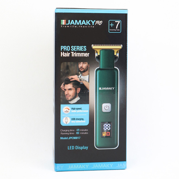 ماشین اصلاح موی سر و صورت شارژی جاماکی مدل JPC90017 با موتور 7500 دور در دقیقه، تیغه استیل ضد زنگ، طراحی ارگونومیک، نمایشگر میزان شارژ، قابلیت اصلاح با شماره صفر و شارژر تایپ سی
