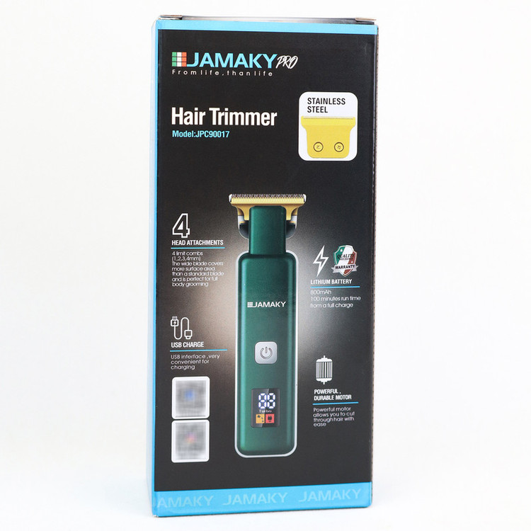 ماشین اصلاح موی سر و صورت شارژی جاماکی مدل JPC90017 با موتور 7500 دور در دقیقه، تیغه استیل ضد زنگ، طراحی ارگونومیک، نمایشگر میزان شارژ، قابلیت اصلاح با شماره صفر و شارژر تایپ سی