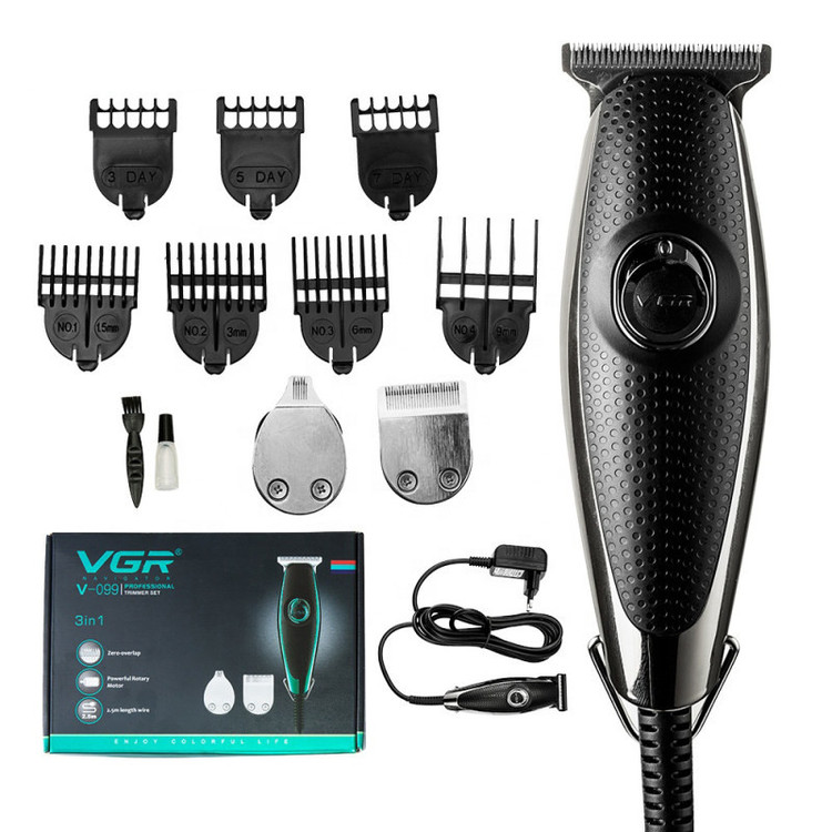 ماشین اصلاح موی سر و صورت وی جی ار مدل V - 099 با تیغه استیل ضد زنگ، قابلیت تنظیم سرعت، موتور قدرتمند، 3 سری مختلف، 5 عدد شانه تنظیم ارتفاع، همراه با برس تمیزکننده، روغن و شانه، منبع انرژی برق
