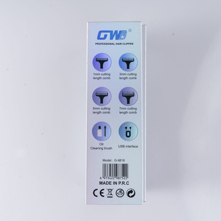 ماشین اصلاح موی سر و صورت جی دبلیو مدل G-9818، اصلاح به صورت صفر زن، خط زن، باقابلیت تنظیم سرعت و طراحی ارگونومیک، تکنولوژی اصلاح به صورت تریم، مدت زمان شارژ 120 دقیقه و مدت زمان استفاده پس از شارژ 100 دقیقه، دارای چراغ نشانگر عملکرد و شارژ و دو حالت سرعت
