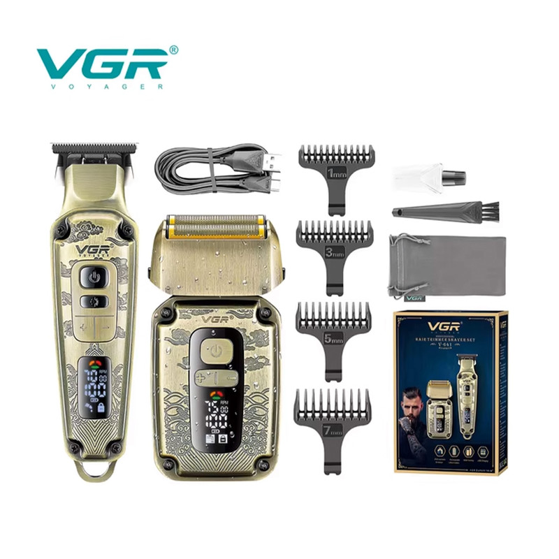 ماشین اصلاح موی سر و صورت وی جی ار مدل V-641 با تیغه استیل ضد زنگ و پیشرفته، نحوه اصلاح فویلی، قابلیت اصلاح با شماره صفر، تنظیم سرعت، نمایش وضعیت باتری، طراحی ارگونومیک، منبع انرژی برق و باتری مجموعه 2 عددی