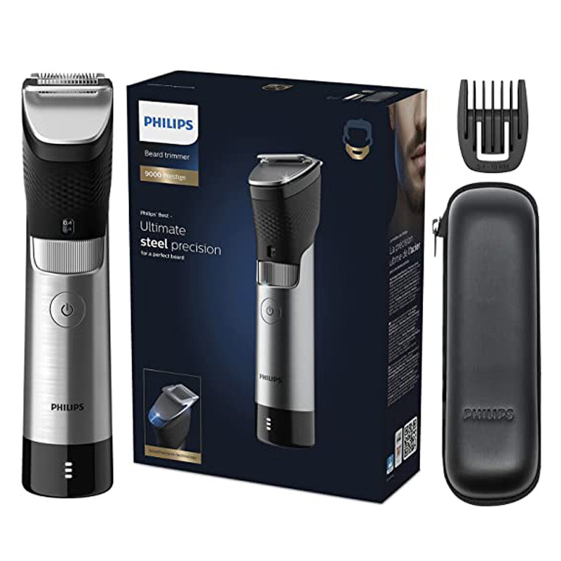 ماشین اصلاح موی صورت فیلیپس مدل BT9810/13 با تیغه استیل ضدزنگ، فناوری PowerAdapt Sensor، استفاده خشک و مرطوب، ضد آب، شانه فلزی قابل تنظیم، باتری لیتیوم یونی با شارژ سریع 60 دقیقه و زمان استفاده 120 دقیقه، طراحی ارگونومیک و منبع انرژی برق و باتری