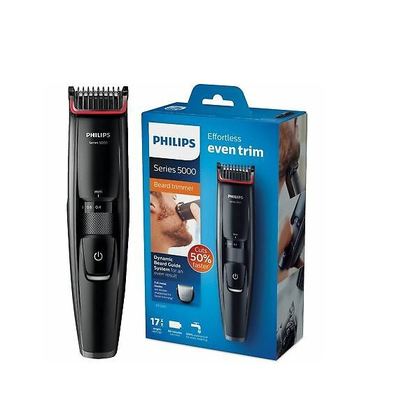 ماشین اصلاح موی صورت فیلیپس مدل BT5200/16 با تیغههای استیل ضدزنگ خود تیزشونده، طول اصلاح 0.4 تا 10 میلیمتر، قابلیت استفاده با باتری و برق، شارژ USB یک ساعته و ضدآب با طراحی ارگونومیک و شانه قابل تنظیم دستی