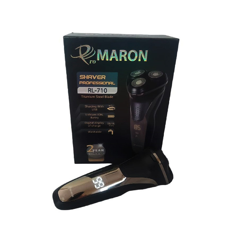 ماشین اصلاح موی صورت پرومارون مدل RL-710 با سه تیغه استیل ضد زنگ، اصلاح چرخشی، استفاده به صورت خشک و مرطوب، طراحی ارگونومیک، باتری 2000 میلیآمپر ساعت، شارژ سریع و شانه قابل تنظیم دستی