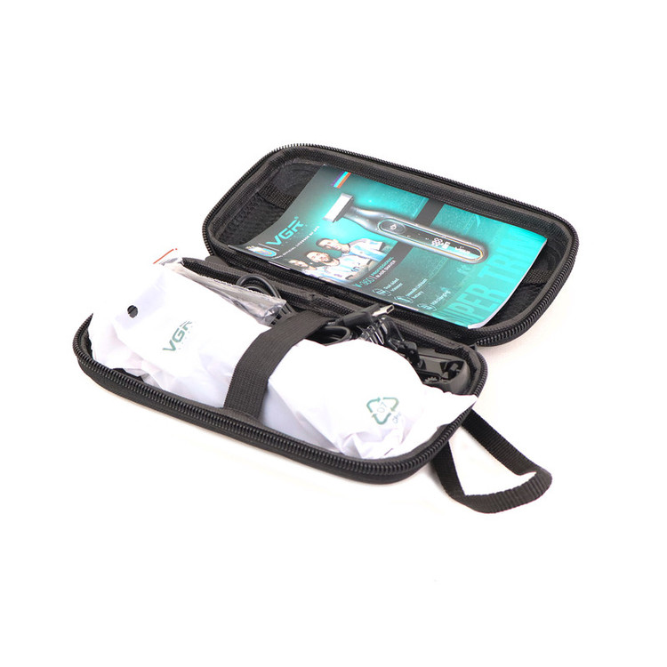 ماشین اصلاح موی صورت وی جی ار مدل V-360 professional با تیغه استیل دوطرفه، باتری لیتیوم یون 500 میلیآمپر ساعت، شارژ سریع تایپ سی، استفاده خشک و مرطوب، نمایشگر LED و قفل ایمنی ضد آب و شانه تنظیم شونده 0.1 تا 9 میلیمتری