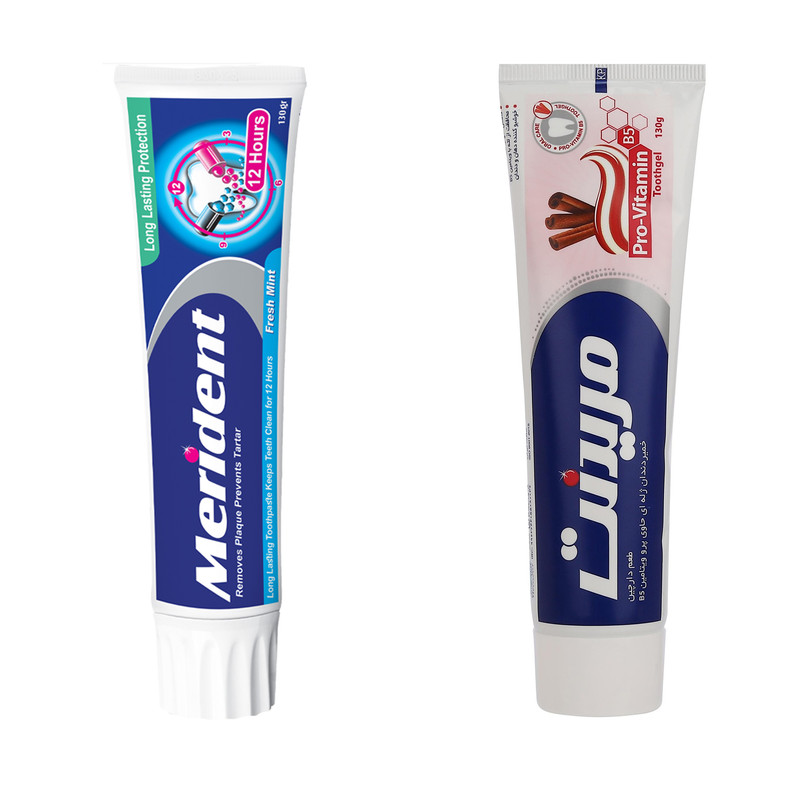خمیر دندان ژله ای کاهش دهنده جرم مریدنت مدل Toothgel PRO-Vitamin با طعم دارچین مناسب برای همه دندان‌ها وزن 130 گرم به همراه خمیر دندان مریدنت مدل 12 Hours وزن 130 گرم
