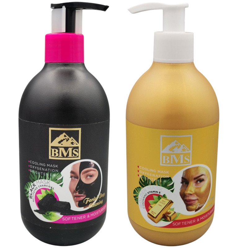 ماسک صورت لایهبردار، آبرسان و درخشانکننده بی ام اس مدل GOLDEN حجم 300 میلیلیتر به همراه ماسک صورت زغالی بی ام اس حجم 300 میلیلیتر، ضد جوش، آرامشبخش و تحریککننده کلاژنسازی پوست