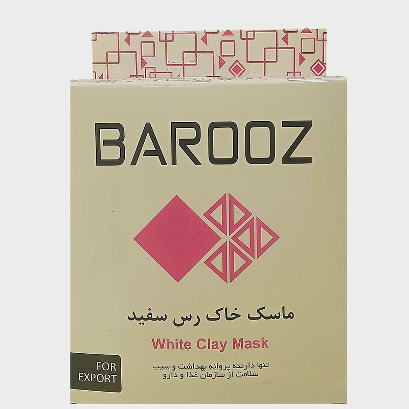 ماسک خاک رس سفید باروز مدل پودری مناسب انواع پوست، ضد جوش، ضد باکتری، شفاف‌کننده، روشن‌کننده، درخشان‌کننده، جوان‌کننده، تقویت‌کننده، تنظیم‌کننده چربی وزن 100 گرم