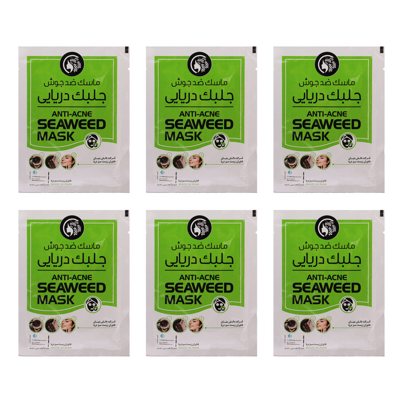 ماسک صورت ضد جوش جلبک دریایی دکتر عیدی آلگا مدل آلگا بسته 6 عددی با خواص آنتی‌باکتریال، ضد التهاب، تنظیم چربی پوست، آبرسان و مغذی با ویتامین‌ها و مواد معدنی، مناسب انواع پوست و همراه با 6 عدد چوب پخش ماسک