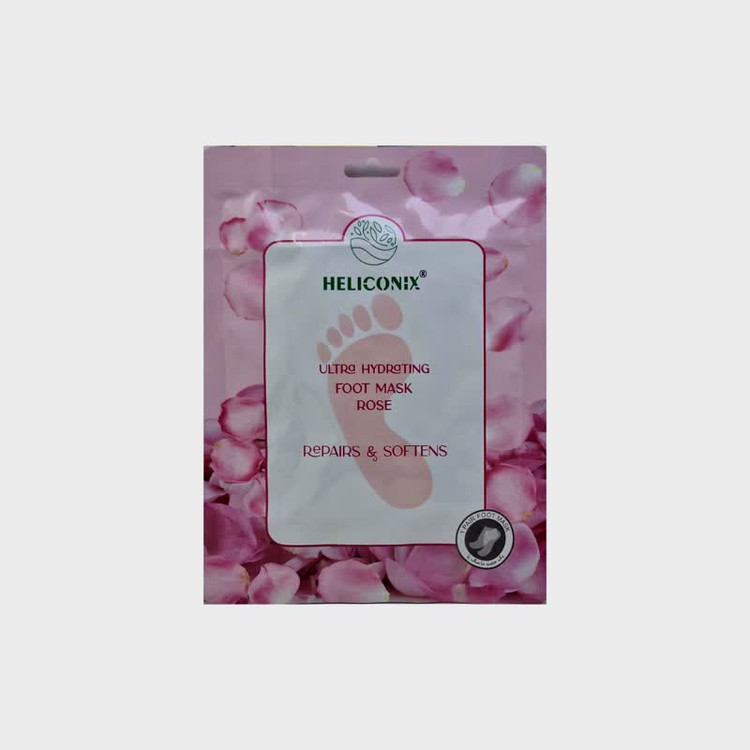 ماسک ورقهای پا هلیکونیکس مدل rose با ترکیبات هیالورونیک اسید، آبرسان و مرطوبکننده، مناسب انواع پوست و استفاده خانمها و آقایان، با رایحه رز