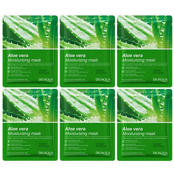 ماسک صورت بایو آکوا مدل Aloe Vera آرامش‌بخش و مرطوب‌کننده حجم 25 میلی‌لیتر مجموعه 6 عددی
