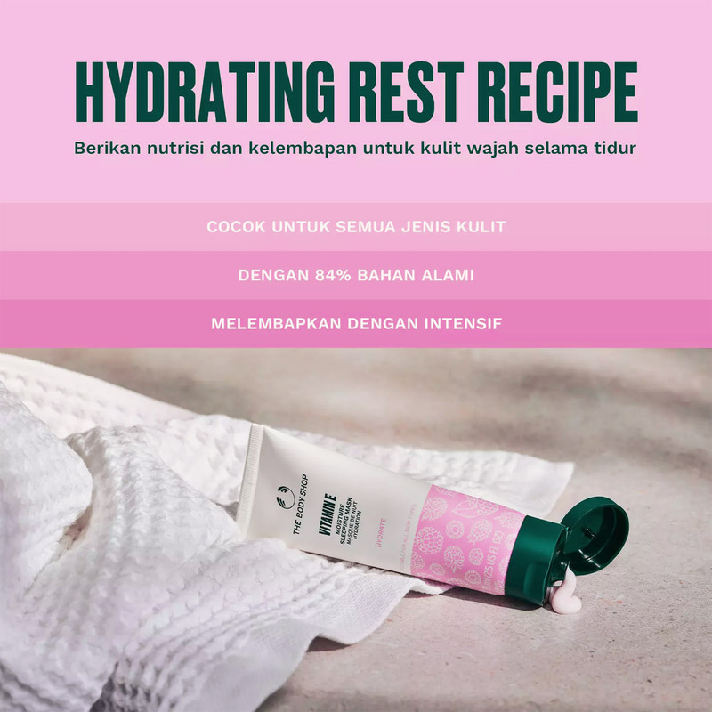 ماسک خواب آبرسان ویتامین E بادی شاپ مدل Sleep Moisture حجم 75 میلیلیتر، مرطوب کننده، روشن کننده، ضد چروک، کلاژن ساز، نرمکننده، تسکین دهنده، بدون چربی، مناسب انواع پوست، وگان و ارگانیک