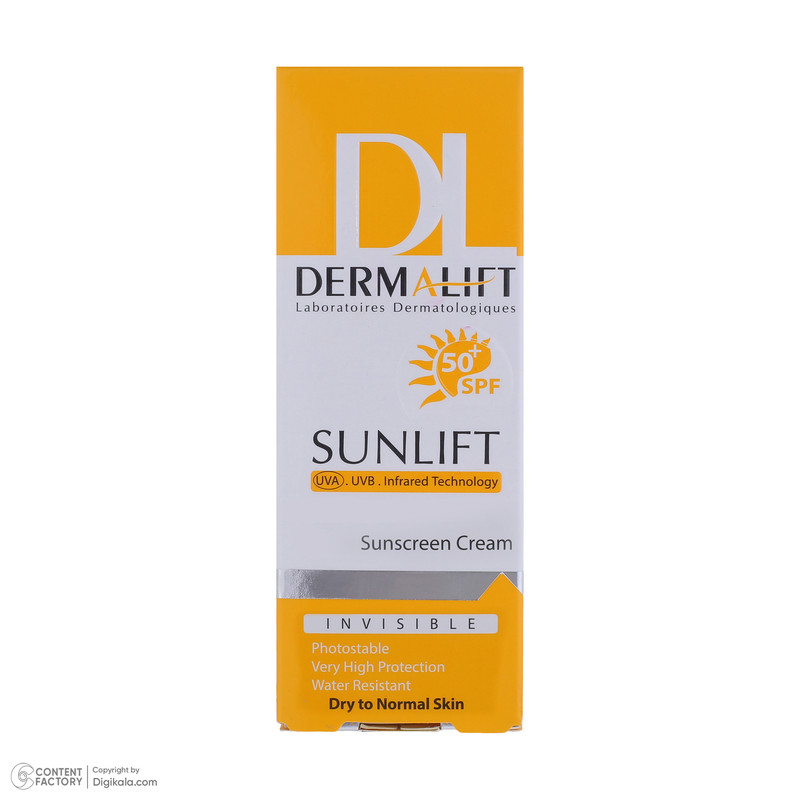 کرم ضد آفتاب بیرنگ صورت درمالیفت SPF 50 مدل SUNLIFT SPF50 محافظ UVA ،UVB، ضد آب، مناسب پوست خشک حجم 40 میلیلیتر مناسب برای خشک، معمولی حجم 40 میلیلیتر