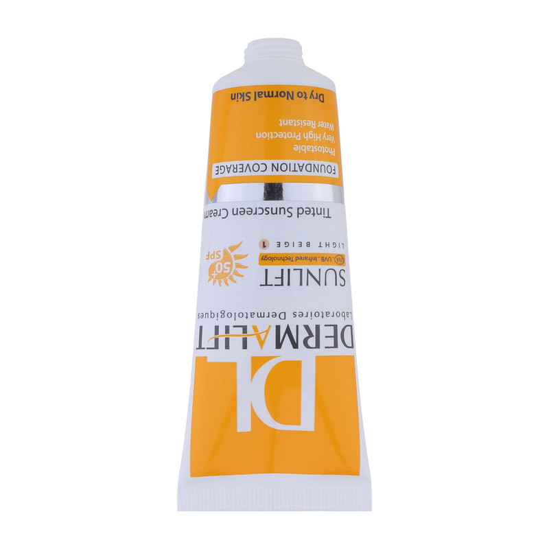 کرم ضد آفتاب رنگی درمالیفت، SPF50، مدل سانلیفت، مناسب پوست خشک و معمولی تنالیته رنگ روشن و حجم 40 میلیلیتر، محافظت کننده در برابر اشعه UVA، UVB و IR، مقاوم در برابر آب، دارای فرمولاسیون شیمیایی، با ماندگاری 3 ساعته