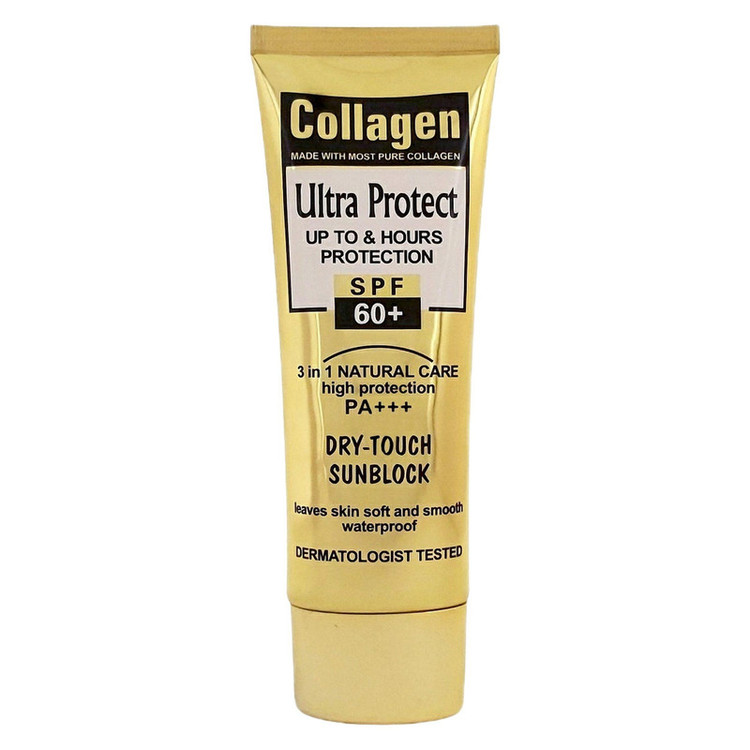 کرم ضد آفتاب بدون رنگ کلاژن، 60 SPF، مدل Ultra Protect، مناسب انواع پوست و حجم 130 میلیلیتر، محافظت کننده در برابر اشعه UVA و UVB، ضد آب، +++ PA، نرم کننده، روشن کننده پوست، مات کننده، با ماندگاری 2 ساعته