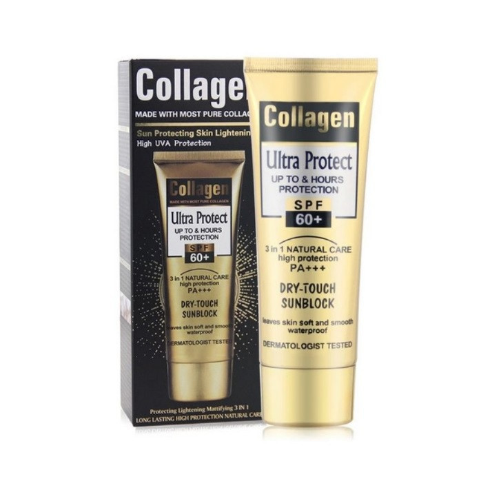 کرم ضد آفتاب بدون رنگ کلاژن، 60 SPF، مدل Ultra Protect، مناسب انواع پوست و حجم 130 میلیلیتر، محافظت کننده در برابر اشعه UVA و UVB، ضد آب، +++ PA، نرم کننده، روشن کننده پوست، مات کننده، با ماندگاری 2 ساعته