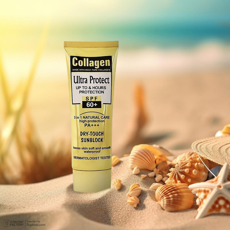 کرم ضد آفتاب بدون رنگ کلاژن، 60 SPF، مدل Ultra Protect، مناسب انواع پوست و حجم 130 میلیلیتر، محافظت کننده در برابر اشعه UVA و UVB، ضد آب، +++ PA، نرم کننده، روشن کننده پوست، مات کننده، با ماندگاری 2 ساعته