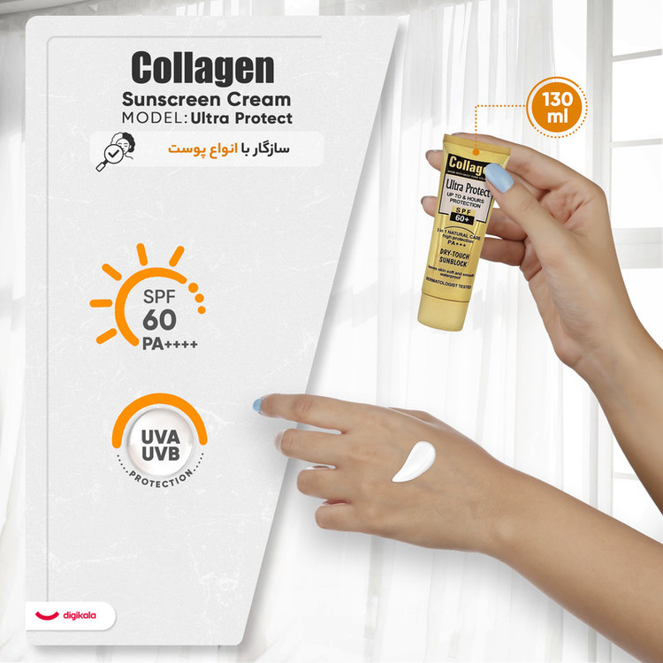 کرم ضد آفتاب بدون رنگ کلاژن، 60 SPF، مدل Ultra Protect، مناسب انواع پوست و حجم 130 میلیلیتر، محافظت کننده در برابر اشعه UVA و UVB، ضد آب، +++ PA، نرم کننده، روشن کننده پوست، مات کننده، با ماندگاری 2 ساعته