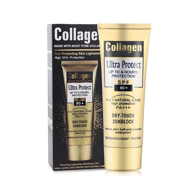کرم ضد آفتاب بدون رنگ کلاژن spf90 مدل Ultra Protect محافظت کننده در برابر اشعه UVA و UVB مناسب برای انواع پوست حجم 100 میلی لیتر