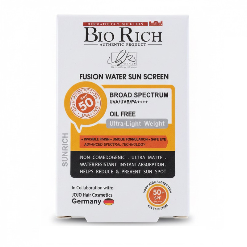 فلوئید ضد آفتاب بیرنگ صورت بایوریچ SPF 50 مدل BROAD SPECTRUM محافظ UVA ،UVB و PA+++،مناسب برای انواع پوست حجم 50 میلیلیتر