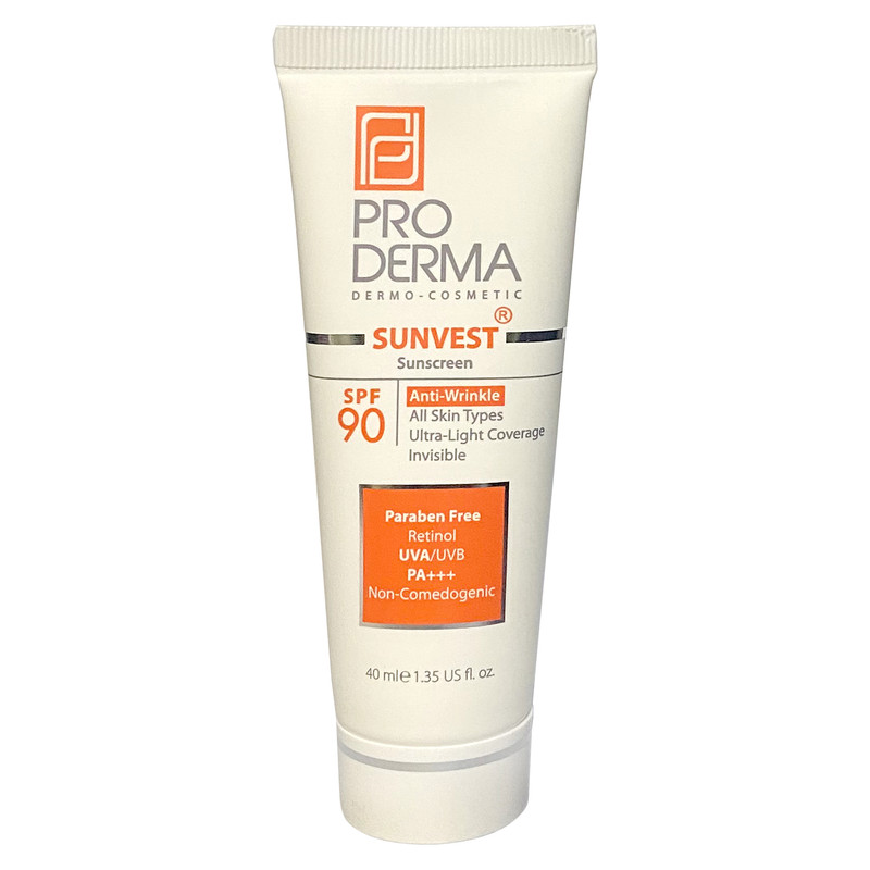 کرم ضد آفتاب بدون رنگ پرودرما SPF90 مدل +++PA مناسب انواع پوست حجم 40 میلیلیتر