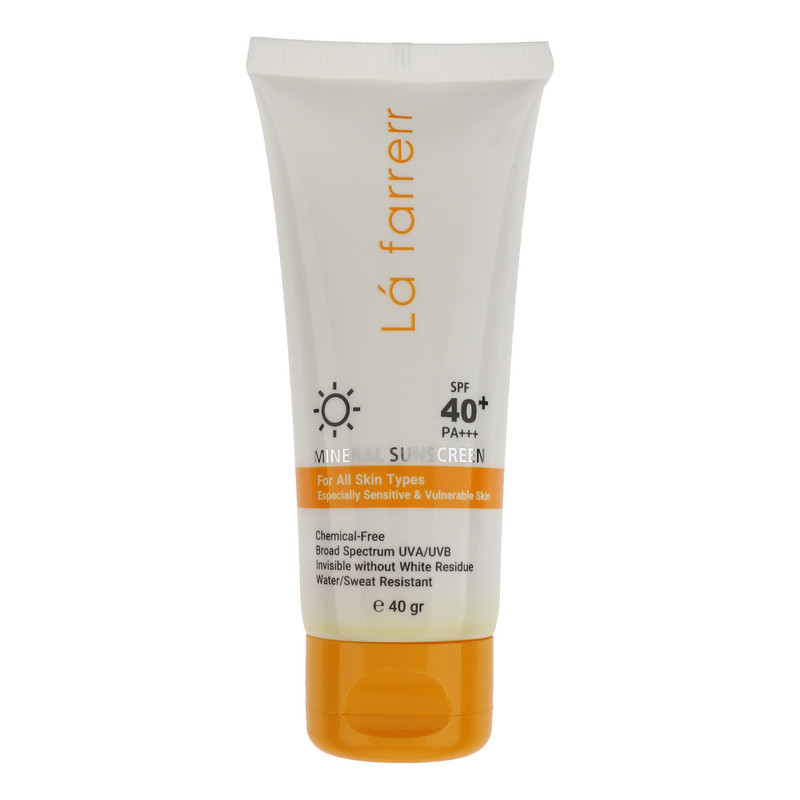 کرم ضد آفتاب بدون رنگ لافارر SPF 40 مدل مینرال حاوی محافظ UVA و UVB و PA+++مناسب پوستهای حساس حجم 40 میلیلیتر