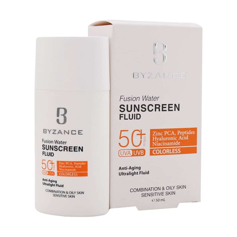 فلوئید ضد آفتاب بیرنگ صورت بیزانس SPF 50 مدل Fusion Water مناسب برای UVA/UVB مناسب پوست چرب حجم 50 میلیلیتر