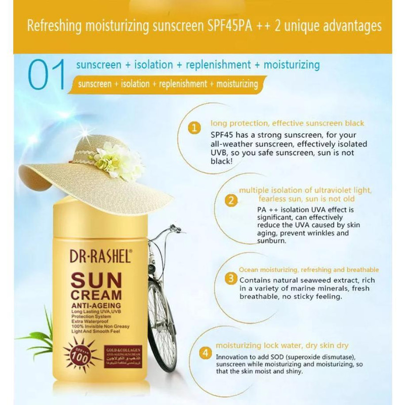 کرم ضد آفتاب بی رنگ دکتر راشل SPF 100 مدل anti aging مناسب انواع پوست حجم 80 میلی لیتر