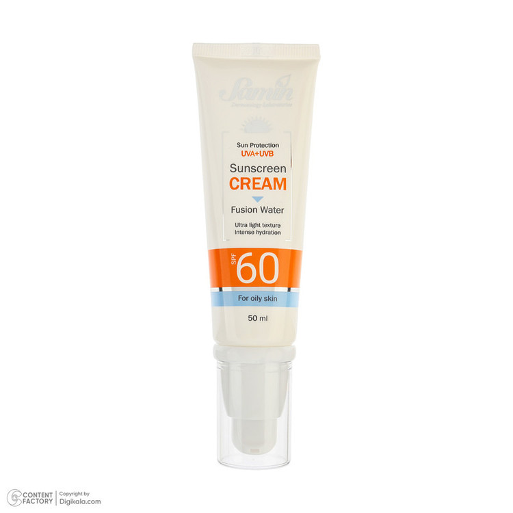 کرم ضد آفتاب بیرنگ صورت ثمین SPF 60 مدل Fusion Water محافظ UVA ، UVB مناسب برای پوستهای چرب حجم 50 میلیلیتر