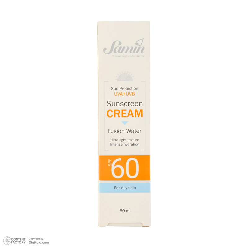 کرم ضد آفتاب بیرنگ صورت ثمین SPF 60 مدل Fusion Water محافظ UVA ، UVB مناسب برای پوستهای چرب حجم 50 میلیلیتر
