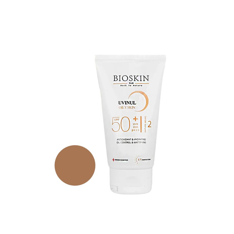 کرم ضد آفتاب رنگی صورت بایو اسکین پلاس SPF 50 مدل UVINUL محافظ UVA ،UVB و PA+++،مناسب برای پوست چرب و مختلط حجم ۴۰ میلیلیتر