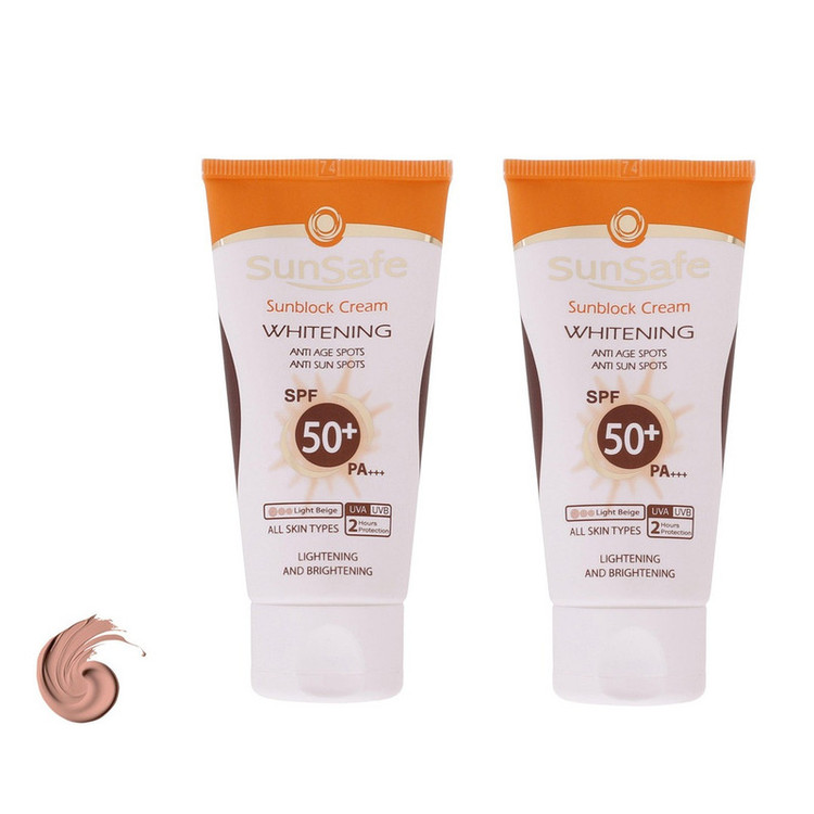 کرم ضد آفتاب رنگی دست و صورت سان سیف SPF 50 مدل روشن کننده و ضد لک محافظ UVA ،UVB، مناسب برای انواع پوست حجم 50 میلیلیتر بسته ۲ عددی