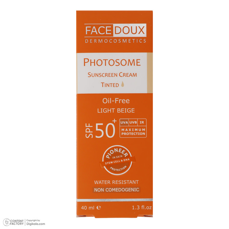 کرم ضد آفتاب رنگی فیس دوکس، SPF 50، مدل فتوزوم، مناسب انواع پوست با تنالیته روشن و حجم 40 میلیلیتر، غیر کومدونزا، ضد آب، محافظتکننده در برابر اشعههای UVA و UVB، دارای فرمولاسیون فاقد چربی، با ماندگاری 2 ساعته