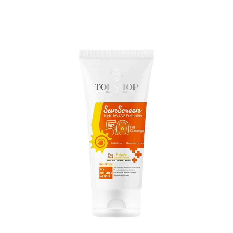 کرم ضد آفتاب بی رنگ تاپ شاپ مدل SPF 50 مناسب انواع پوست حجم 50 میلی لیتر