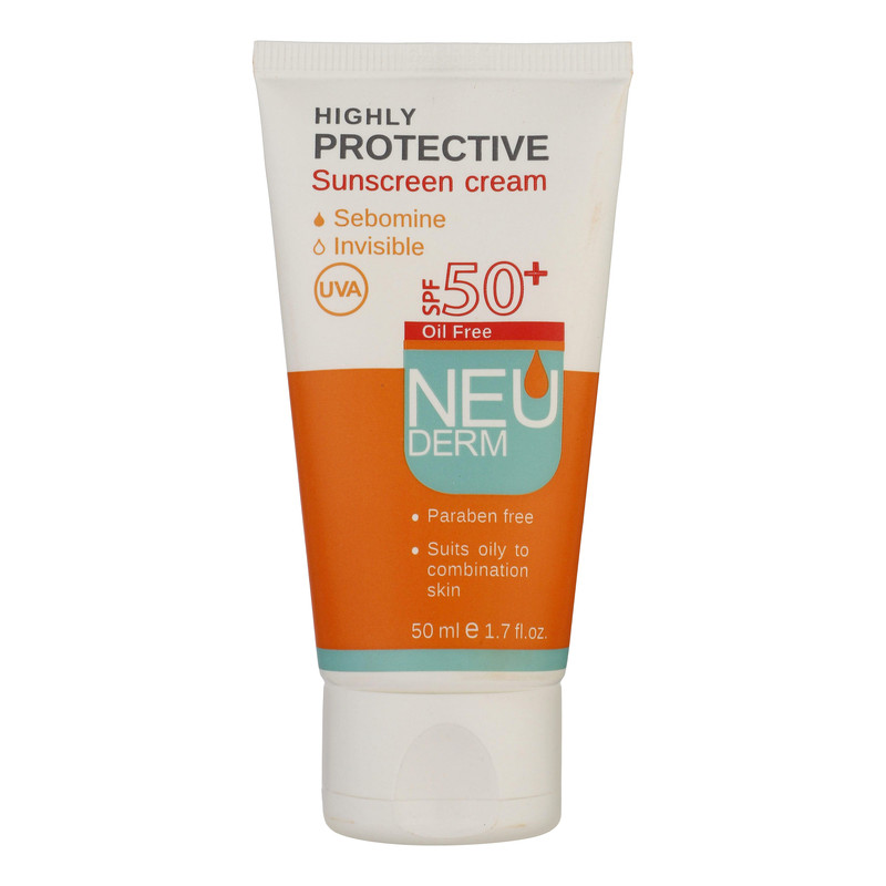 کرم ضدآفتاب بیرنگ نئودرم مدل Highly Protective SPF50، مناسب پوستهای چرب تا مختلط، حجم 50 میلیلیتر