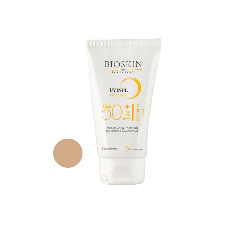 کرم ضد آفتاب رنگی بژ روشن بایو اسکین پلاس SPF 50 مدل OS محافظ UVA ،UVB و PA+++،مناسب برای پوست چرب و مختلط حجم ۴۰ میلیلیتر