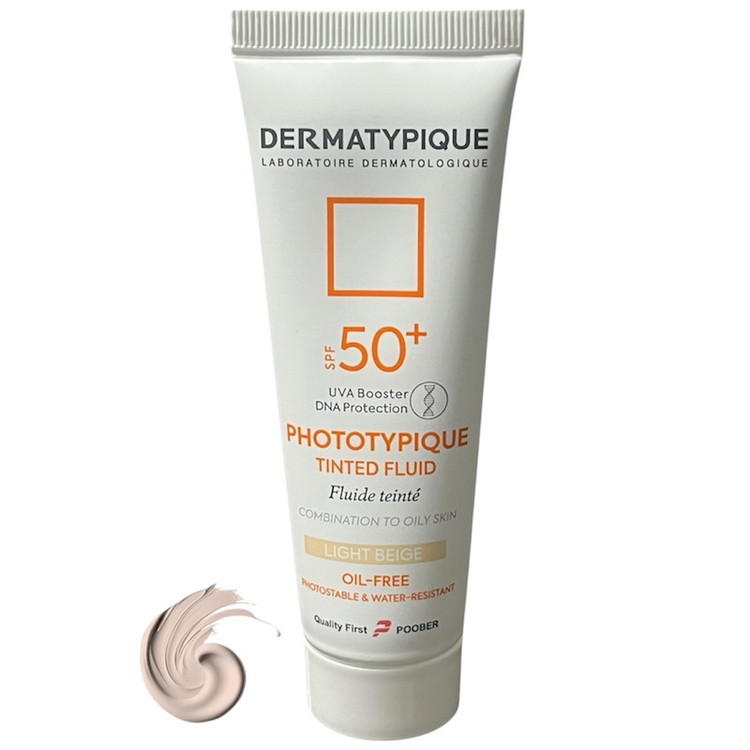 فلوئید ضد آفتاب رنگی درماتیپیک spf50 مدل Light2 محافظت دربرابر UVA،UVB مناسب برای پوست چرب حجم 50 میلی لیتر