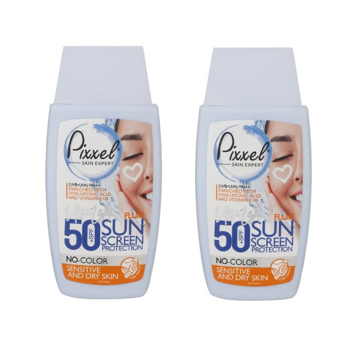 کرم ضدآفتاب بیرنگ پیکسل، با SPF50، مدل Sensitive، حاوی محافظ UVA ،UVB و +++PA، فاقد گلیسیرین، حاوی ویتامین E و B+، مناسب پوستهای خشک و حساس، حجم 50 میلیلیتر مجموعه دو عددی