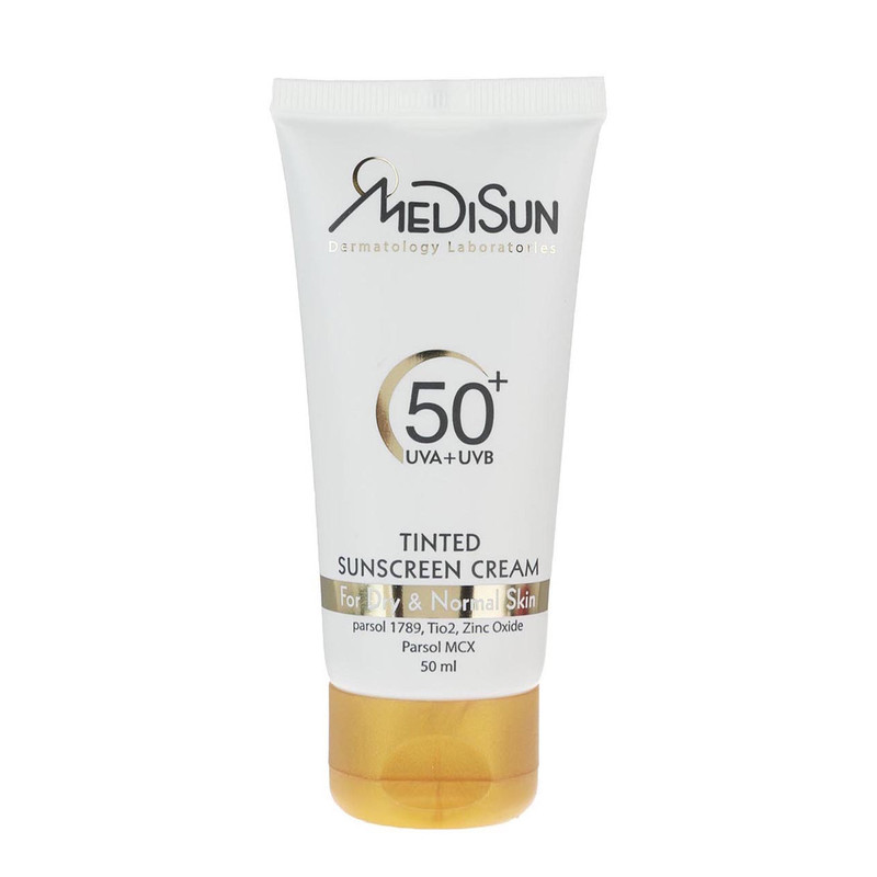 کرم ضد آفتاب رنگی مدیسان SPF 50 مدل Tinted مناسب پوستهای خشک و معمولی حجم 50 میلیلیتر