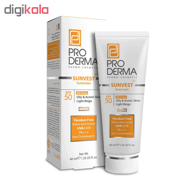 کرم ضد آفتاب رنگی پرودرما، SPF 50، مدل 50 Sunvest، مناسب پوستهای آکنهدار و چرب با تنالیته روشن و حجم 40 میلیلیتر، محافظتکننده در برابر اشعههای UVA و UVB، غیر کومدونزا و فاقد پارابن، PA+++، دارای فرمولاسیون فاقد چربی،با ماندگاری 2 ساعته
