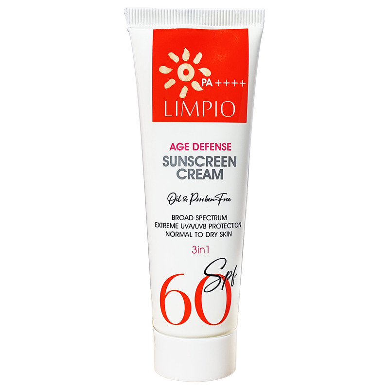 کرم ضد آفتاب بی رنگ لیمپیو SPF 60 مدل Age Defense محافظ UVA ، UVB و PA++++، ضد حساسیت، ضد چروک و پیری ، مناسب پوستهای نرمال و خشک حجم 50 میلیلیتر