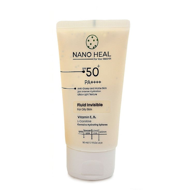فلوئید ضد آفتاب نانوهیل SPF 50 مدل 002 محافظ UVA ،UVB مناسب برای پوستهای چرب حجم 50 میلیلیتر