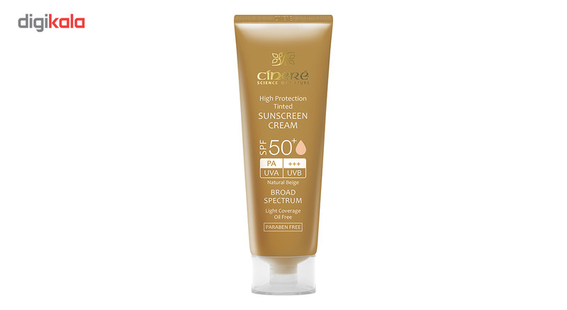 کرم ضد آفتاب رنگی سینره، SPF 50، مدل Natural Beige، مناسب انواع پوست با تنالیته متوسط و حجم 50 میلیلیتر، محافظتکننده در برابر اشعههای UVA و UVB، مرطوبکننده و فاقد پارابن، PA+++، دارای فرمولاسیون فاقد چربی و آنتی اکسیدان، با ماندگاری 2 ساعته