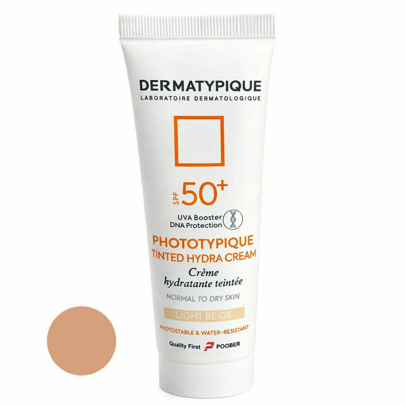 کرم ضد آفتاب رنگی(روشن) صورت درماتیپیک SPF 50 مدل تینتد هیدرا، محافظ در برابرUVA,UVB,IR,مناسب برای پوست خشک حجم ۵۰ میلیلیتر