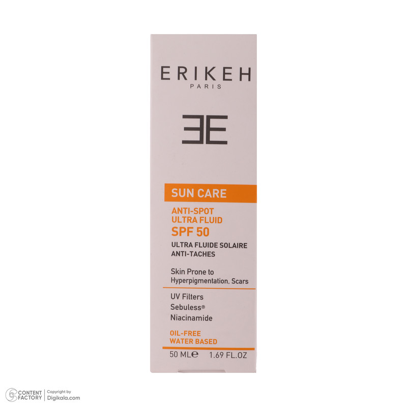 کرم ضد آفتاب بدون رنگ اریکه SPF50 مدل Anti-Spot محافظ UVA،UVB مناسب انواع پوست حجم 50 میلیلیتر