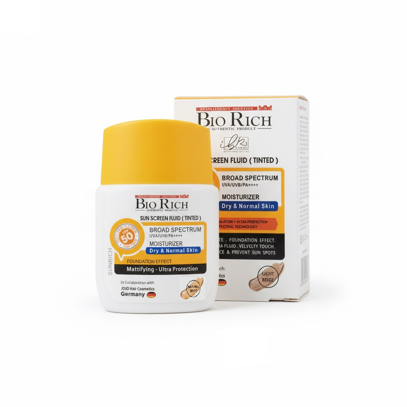 فلوئید ضد آفتاب رنگی صورت بایوریچ SPF 50 مدل BROAD SPECTRUM محافظ UVA ،UVB و PA+++ مناسب برای پوست خشک و معمولی حجم 50 میلیلیتر