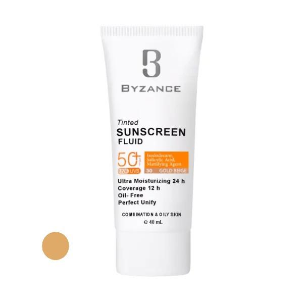 کرم ضد آفتاب رنگی صورت بیزانس SPF 50 مدل Gold Beight 30 محافظ در برابر UVA/UVB مناسب برای پوست چرب و مختلط حجم 40 میلیلیتر