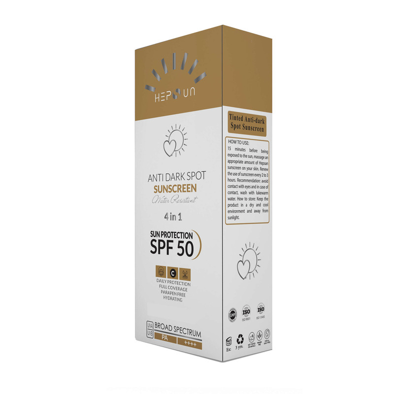 کرم ضد آفتاب و ضد لک رنگی هپسان SPF50 مدل 4در1 محافظ UVA ،UVB و PA++++ و حاوی ویتامین C دارای بافت مخملی مناسب انواع پوست حجم 50 میلی لیتر