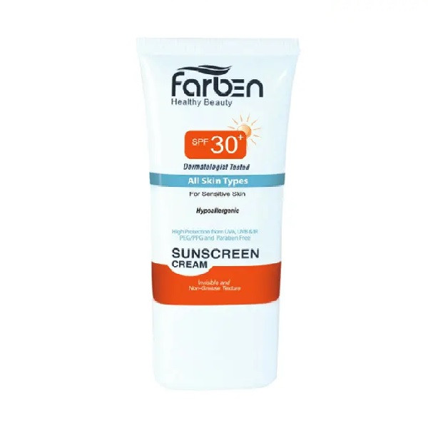 کرم ضد آفتاب بدون رنگ فاربن SPF 30 مدل Hypoallergenic ‌مناسب انواع پوست حجم 50 میلی‌لیتر